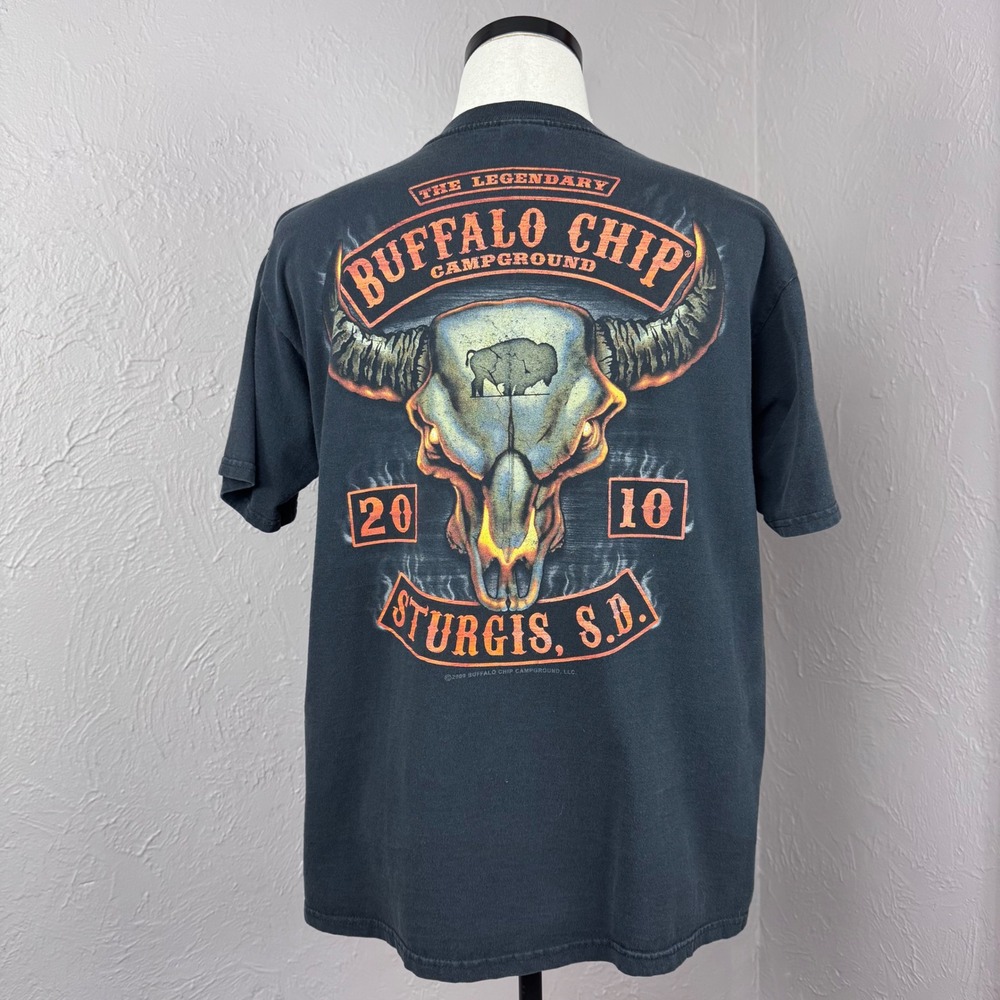 Vintage 2010 Sturgis Buffalo Chip Biker Rally T-Shirt Black Skull Graphic Large